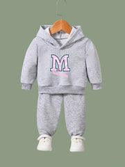 Girls Boys 2pcs M Letter Hooded Pullover Pants Set for Sports