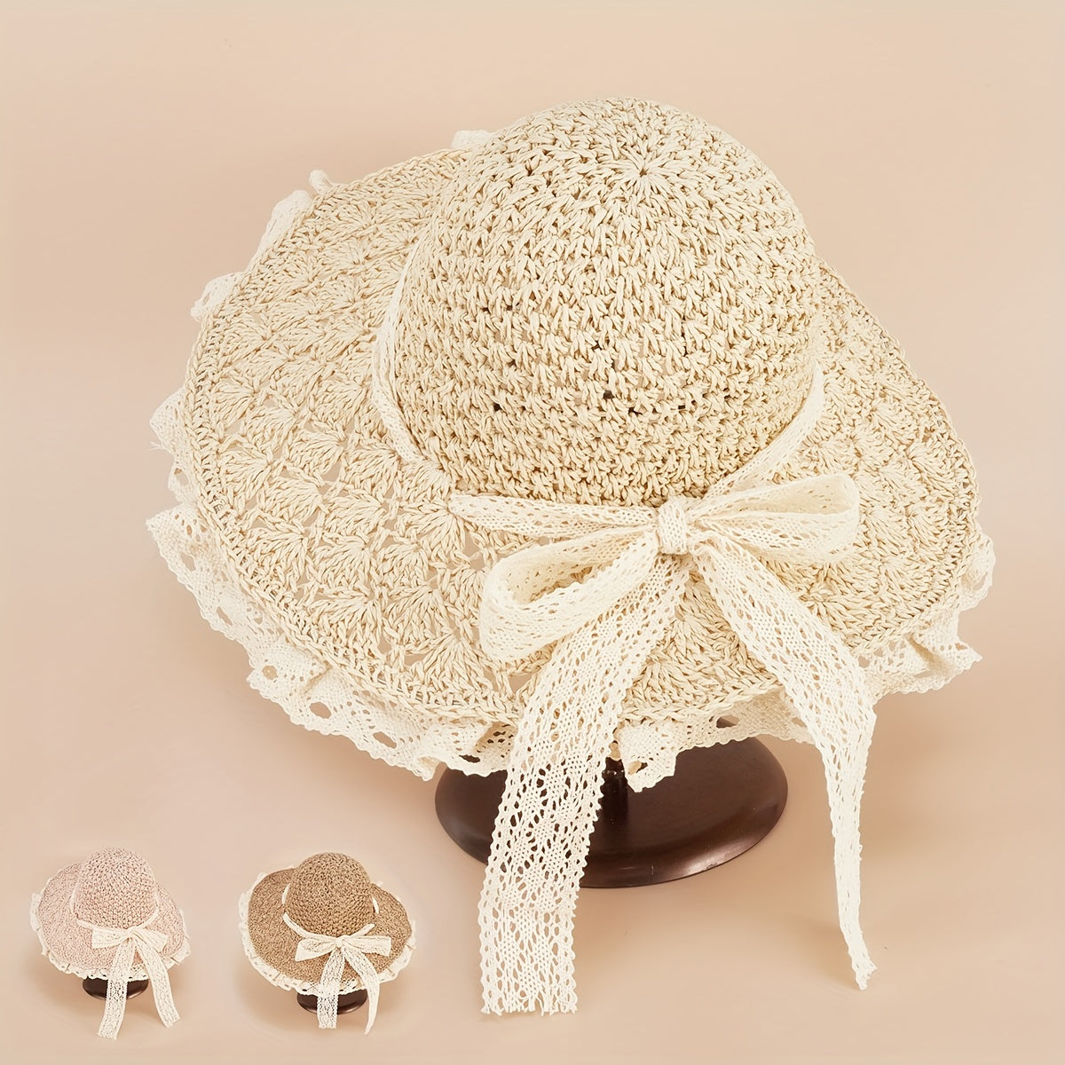 Foldable Straw Sun Hat Lace Edge Handwoven Hollow Butterfly Knot Beach Hat