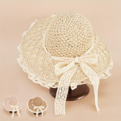 Foldable Straw Sun Hat Lace Edge Handwoven Hollow Butterfly Knot Beach Hat
