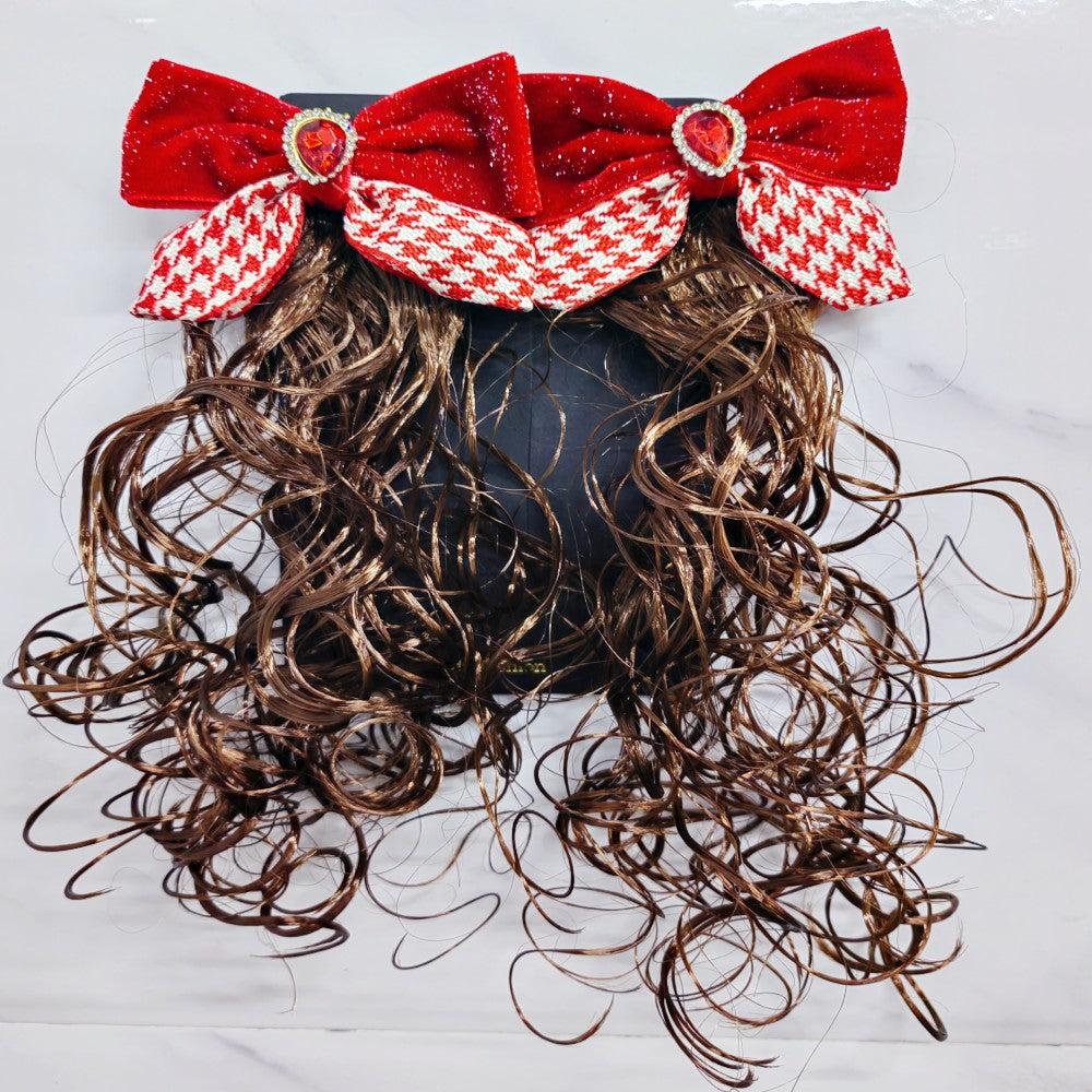 2Pcs Red Bow Hair Clip with Rhinestones Faux Curly Hair