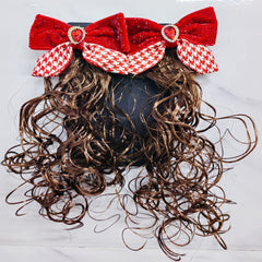 2Pcs Red Bow Hair Clip with Rhinestones Faux Curly Hair