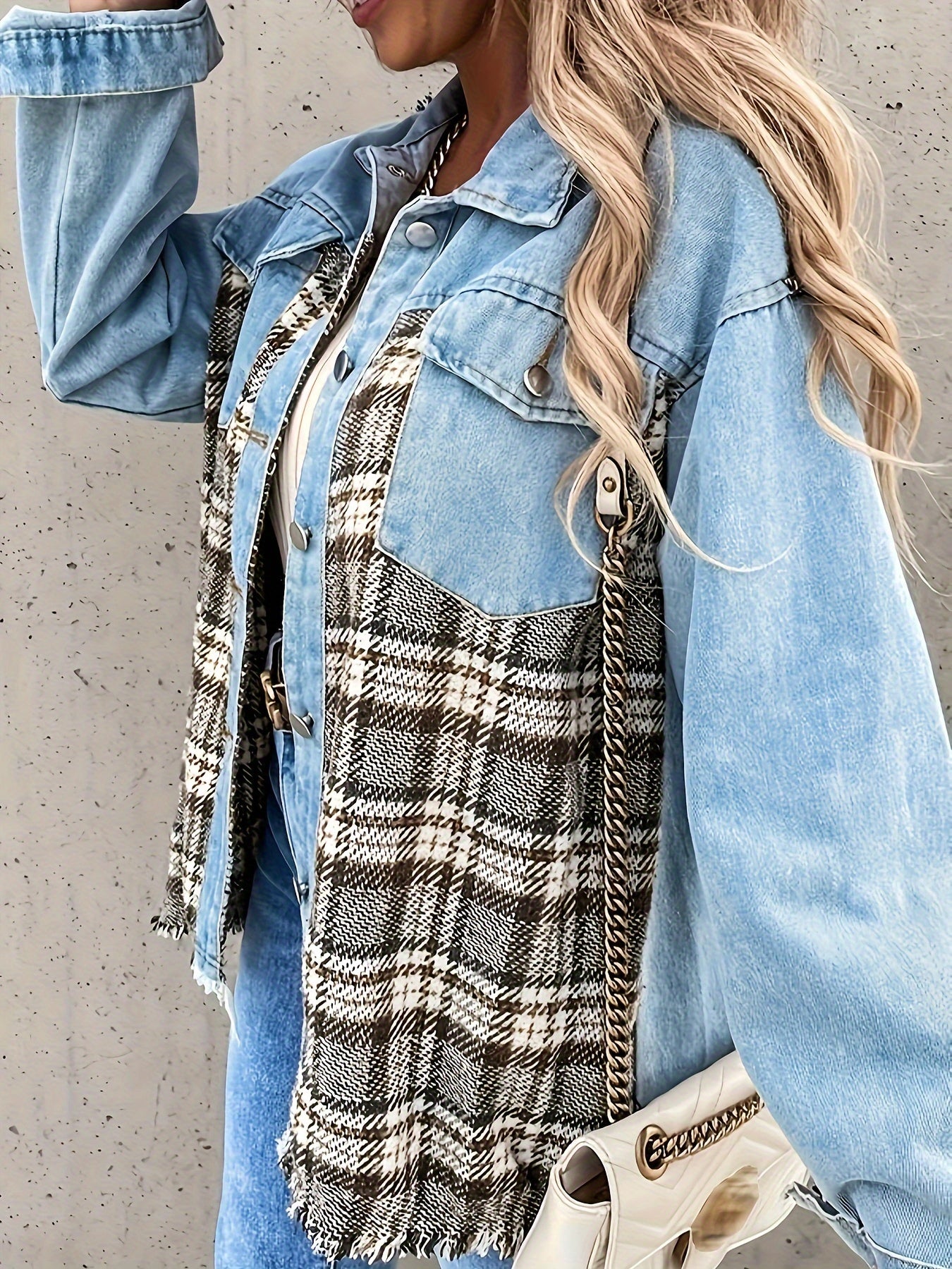  Colorblock Plaid Print Denim Jacket