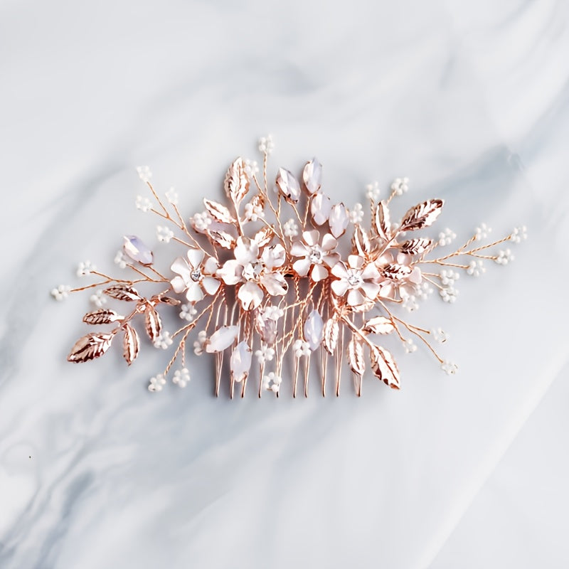 Rose Gold Hair Comb Crystal Floral Leaf Bridal Wedding Headpiece