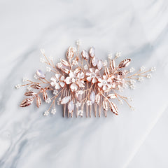 Rose Gold Hair Comb Crystal Floral Leaf Bridal Wedding Headpiece