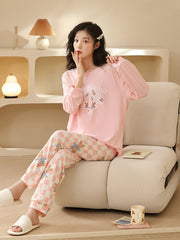 Bunny Print Pajama Set Long Sleeve Crew Neck Top & Plaid Pants