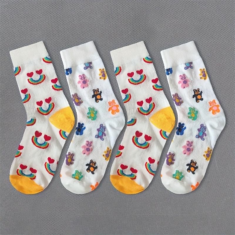 4 Pairs Letter & Cartoon Print Socks Comfy & Mid Tube Women's Stockings