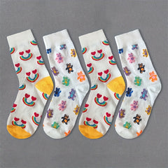 4 Pairs Letter & Cartoon Print Socks Comfy & Mid Tube Women's Stockings