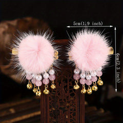 Retro Plush Ball Hair Clip With Small Bells Non slip Duck Billed Clip