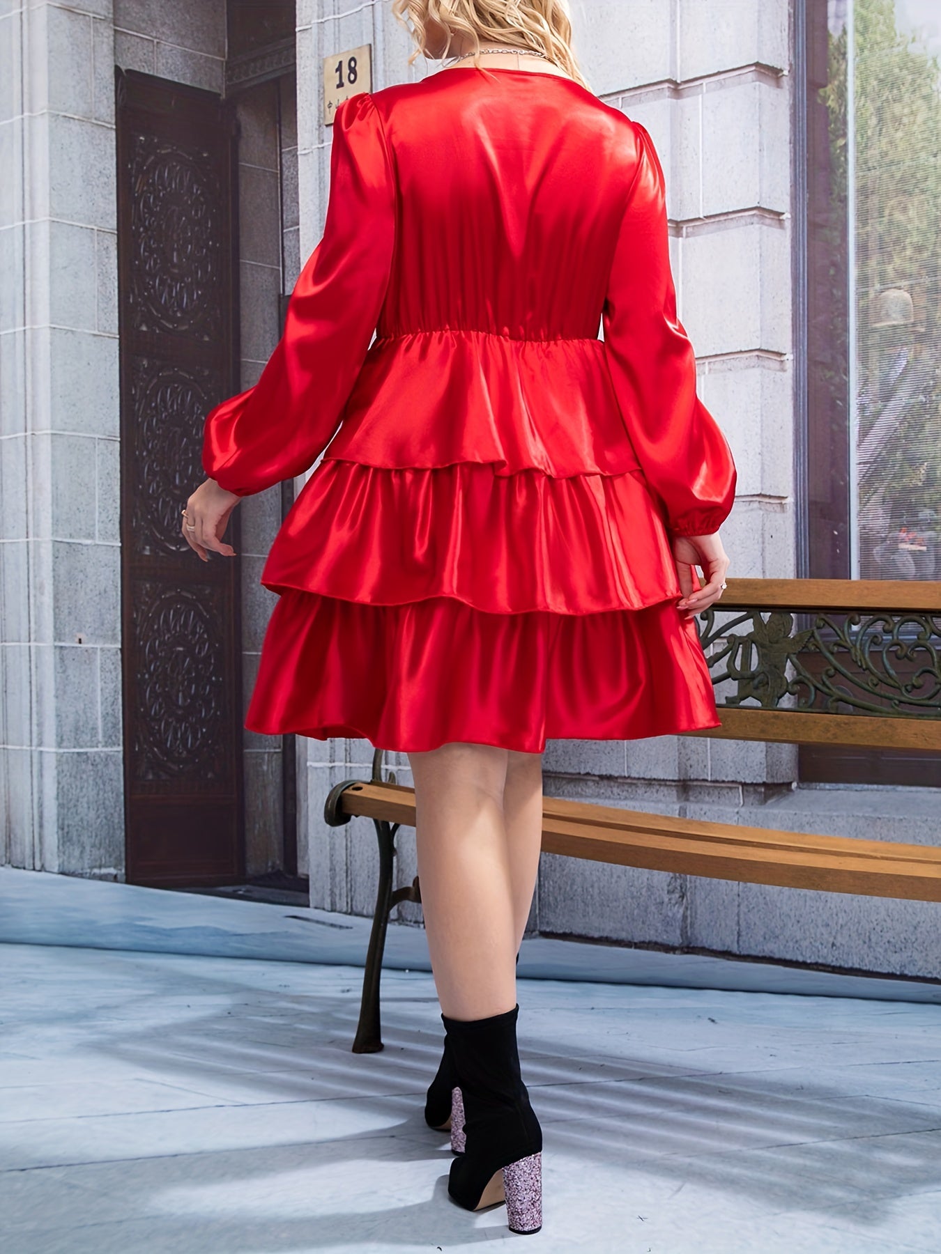  Solid Lantern Sleeve Ruffle Trim Dress
