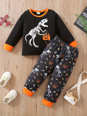 Halloween Print Toddler Kid's Pajamas - Pumpkin Pattern Loungewear Set