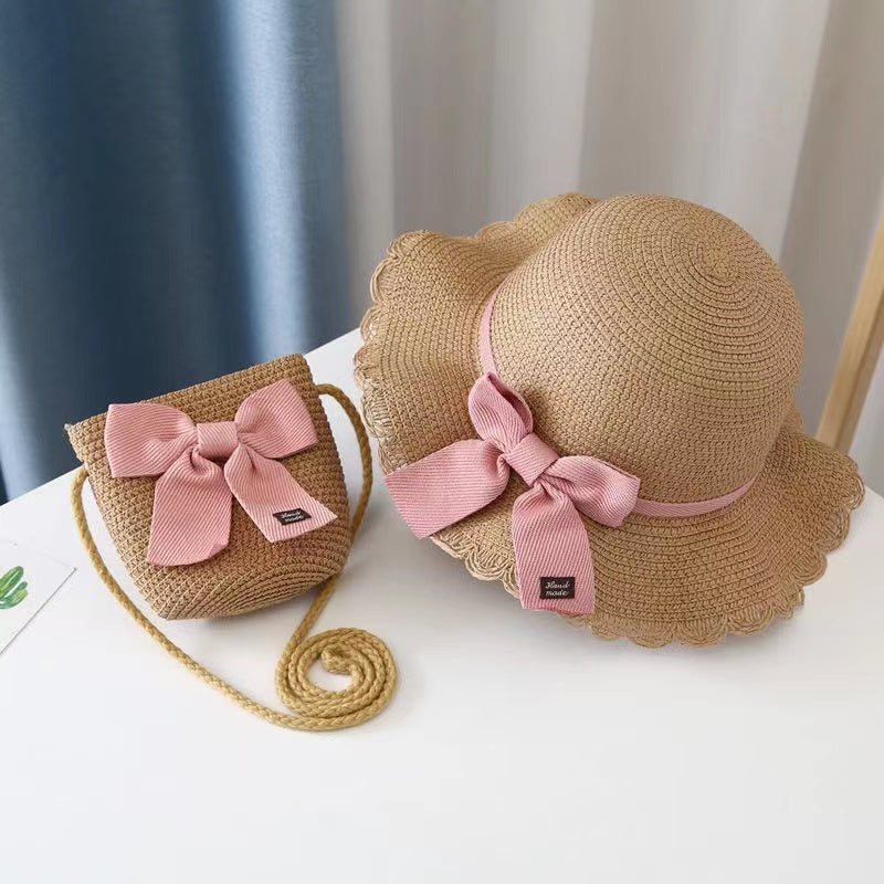 Girls Bow Decor Beach Straw Hat Sun Protection Sunshade Hat & Handbags Set