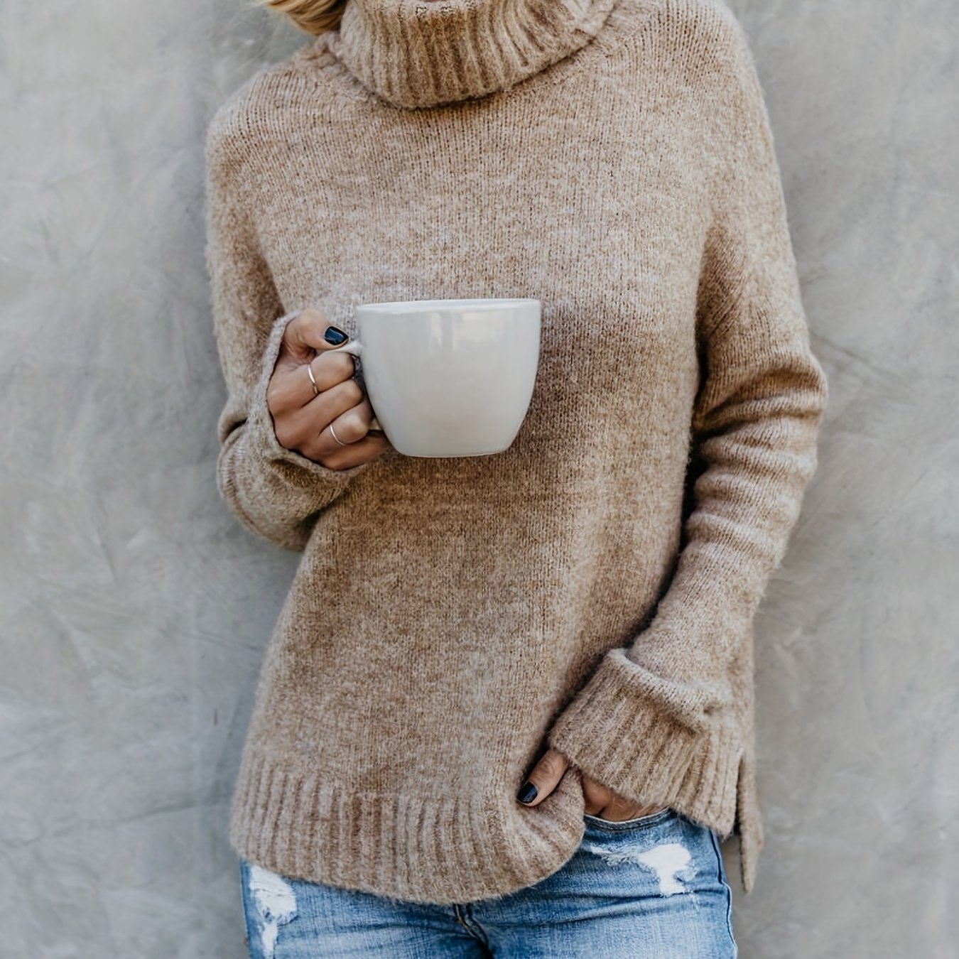  Casual Sweater Women's Solid Long Sleeve Turtle Neck Jumper