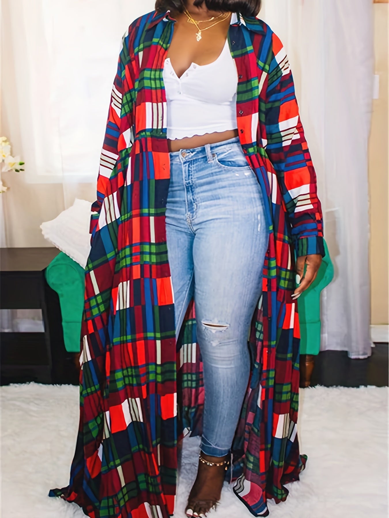  Plaid Print Maxi Shirt Dress with Pockets