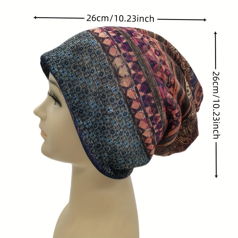 Boho Geometric Print Beanie Cap Vintage Skull Hat Lightweight Neck Gaiter