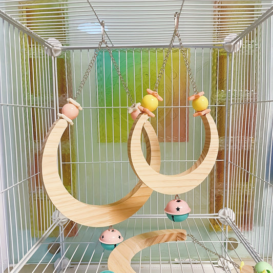 Parrot Supplies Moon Shaped Wooden Bell Puzzle Swing Stand Cloud Ladder
