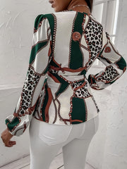  Women's Colorblock Leopard Print Long Sleeve Blouse