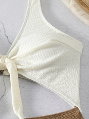  Textured Cut Out Knot Front One Piece Swimsuit