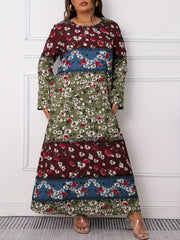  Colorblock Floral Print Long Sleeve Maxi Dress