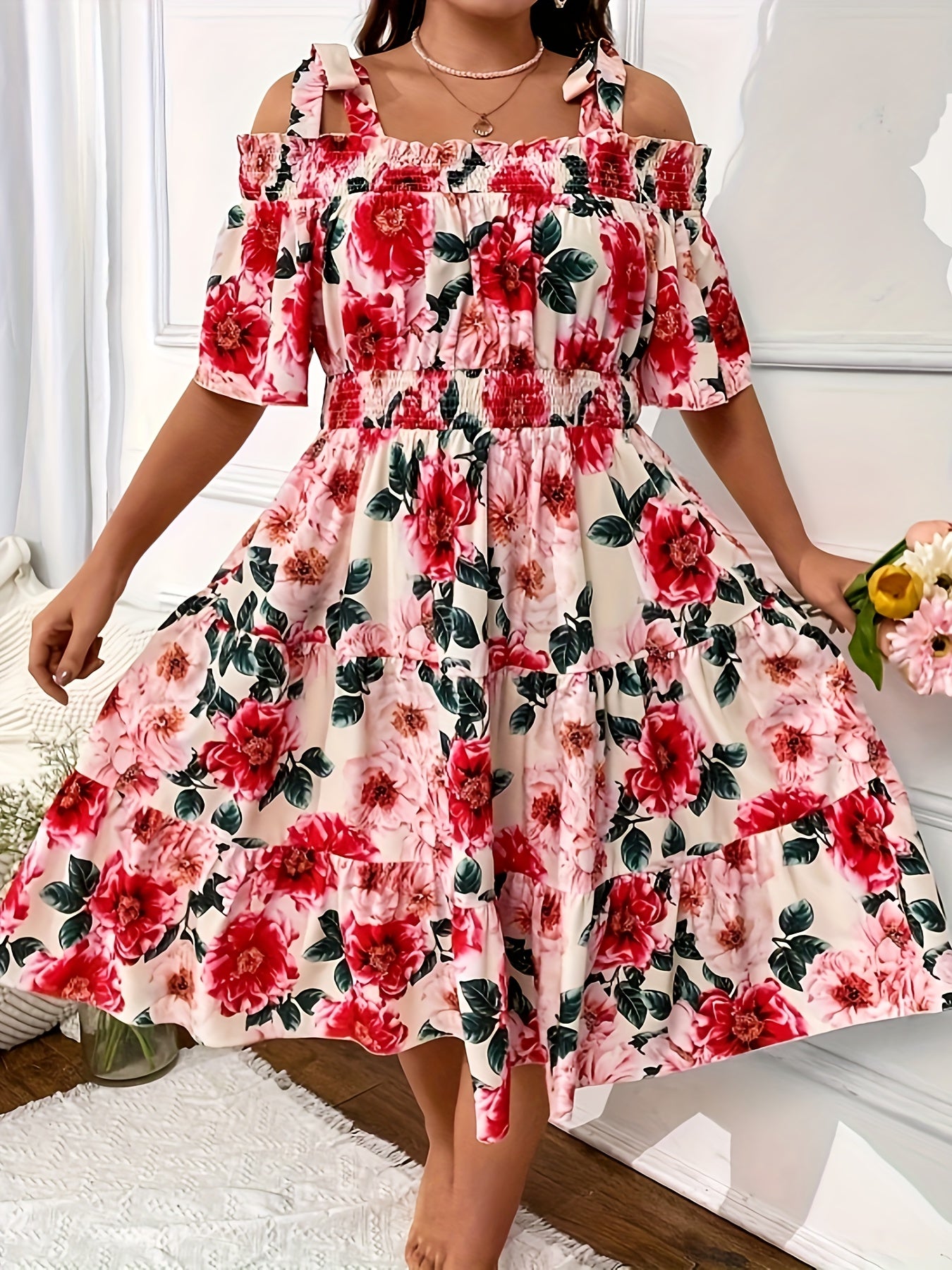  Floral Print Bow Knot Cold Shoulder Smock Dress