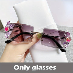 Rimless Sunglasses Rhinestone Flower Gradient Metal Glasses UV400