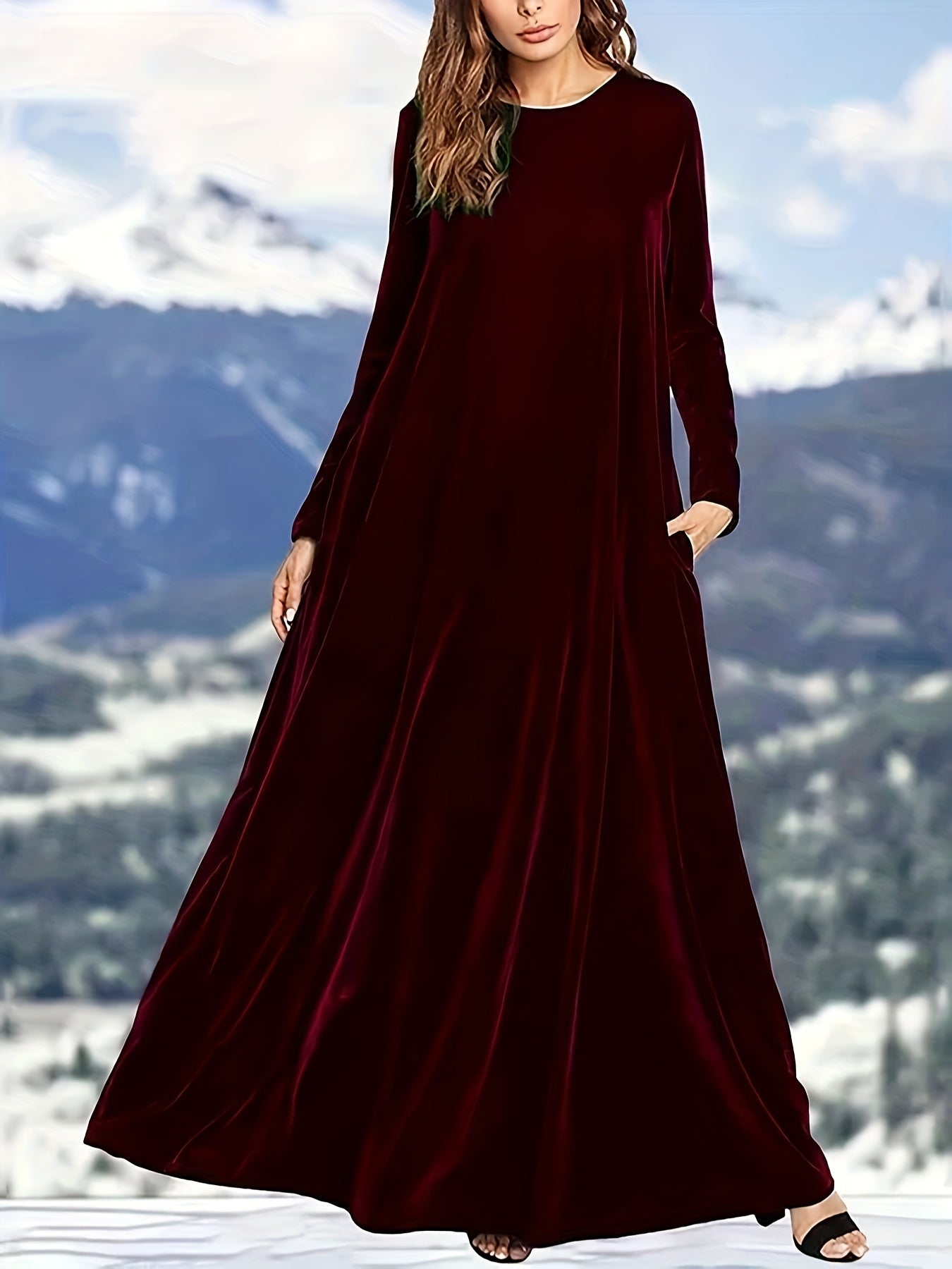  Solid Long Sleeve Maxi Dress With Pockets
