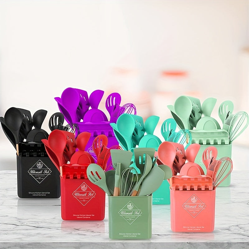 14pcs Non Stick Silicone Utensil Set with Storage Bucket Holder