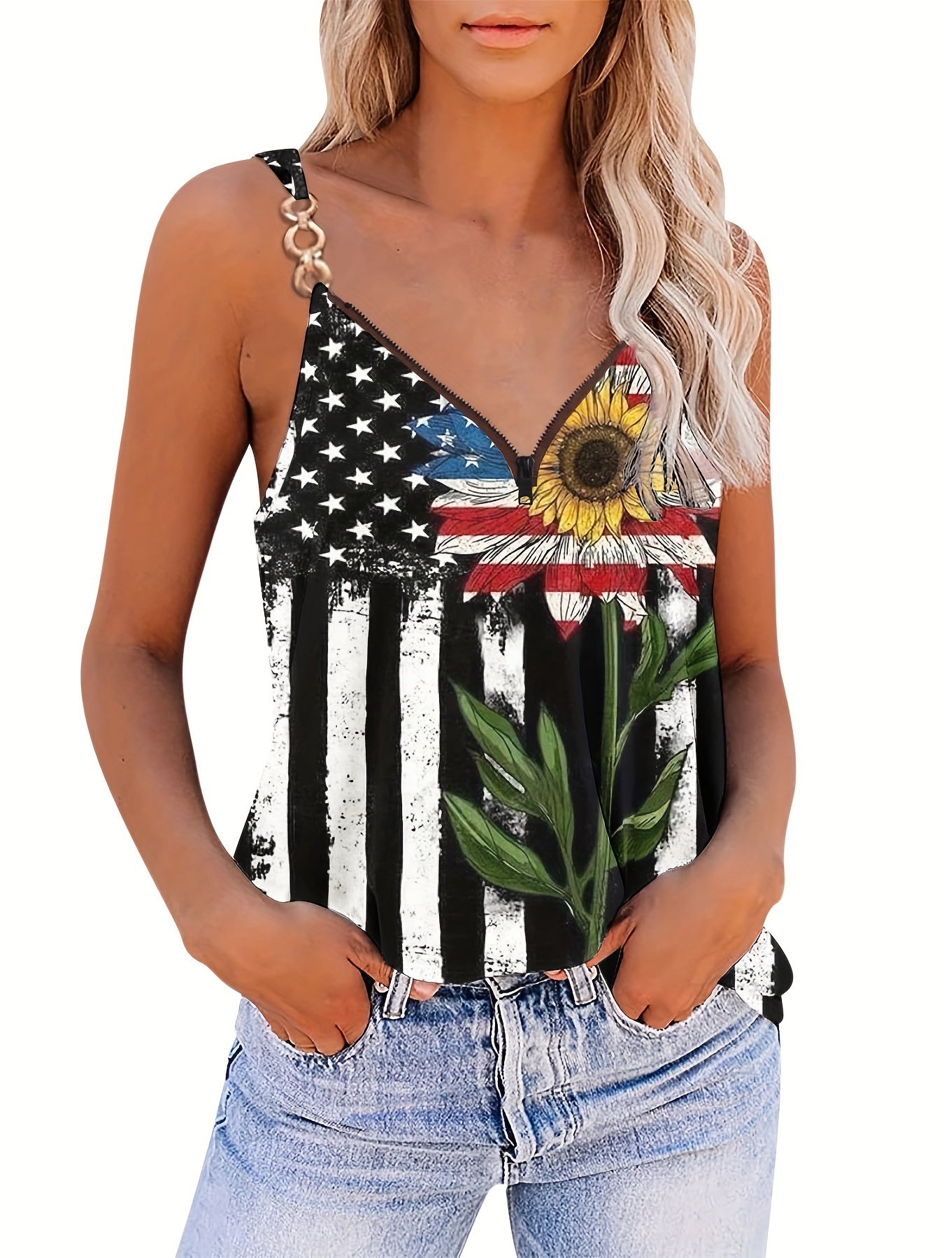 Plus Size Flag Print V Neck Cami Top Medium Stretch Independence Casual