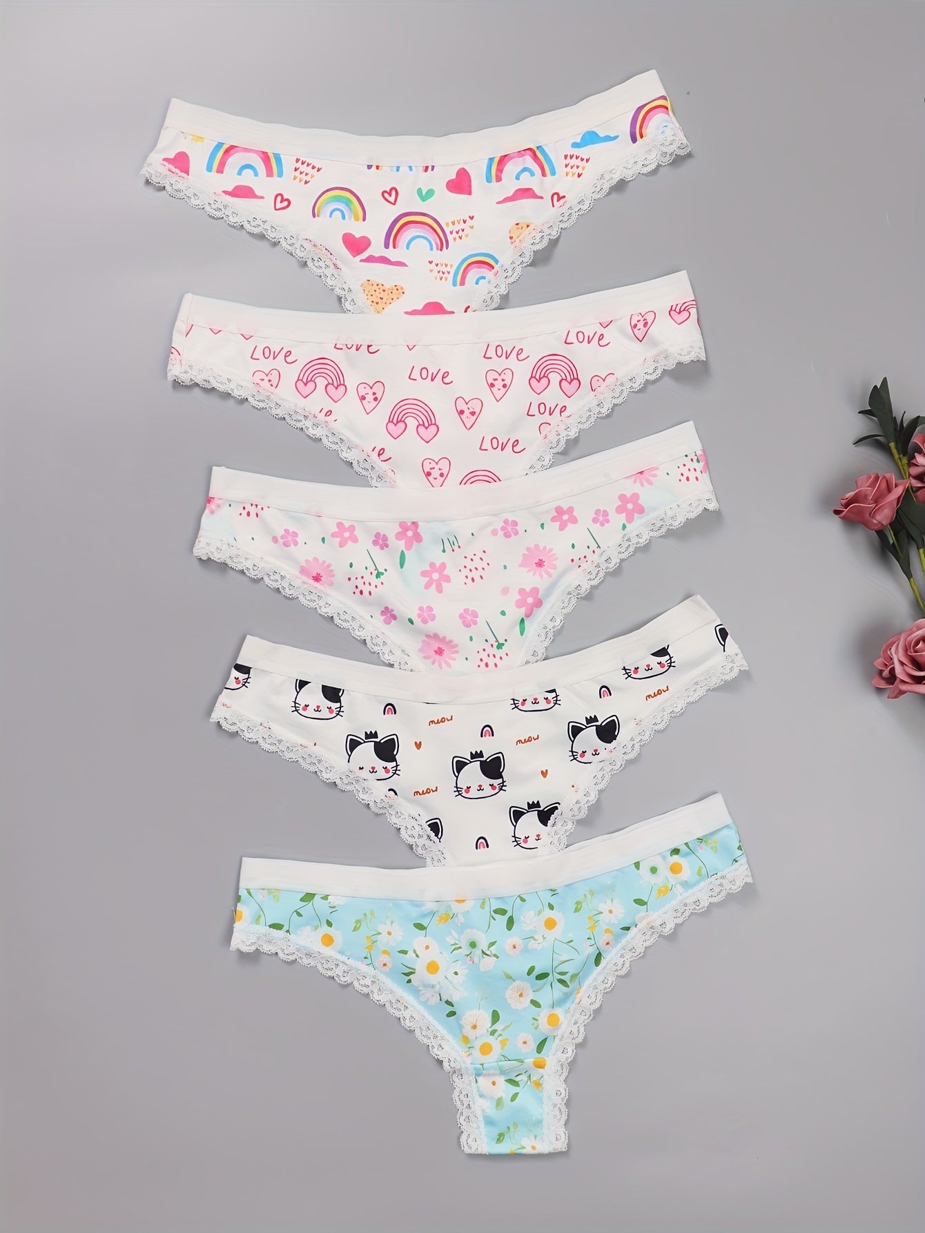 5 Pack Plus Size Panties Set Women's Plus Cat & Heart & Daisy Print