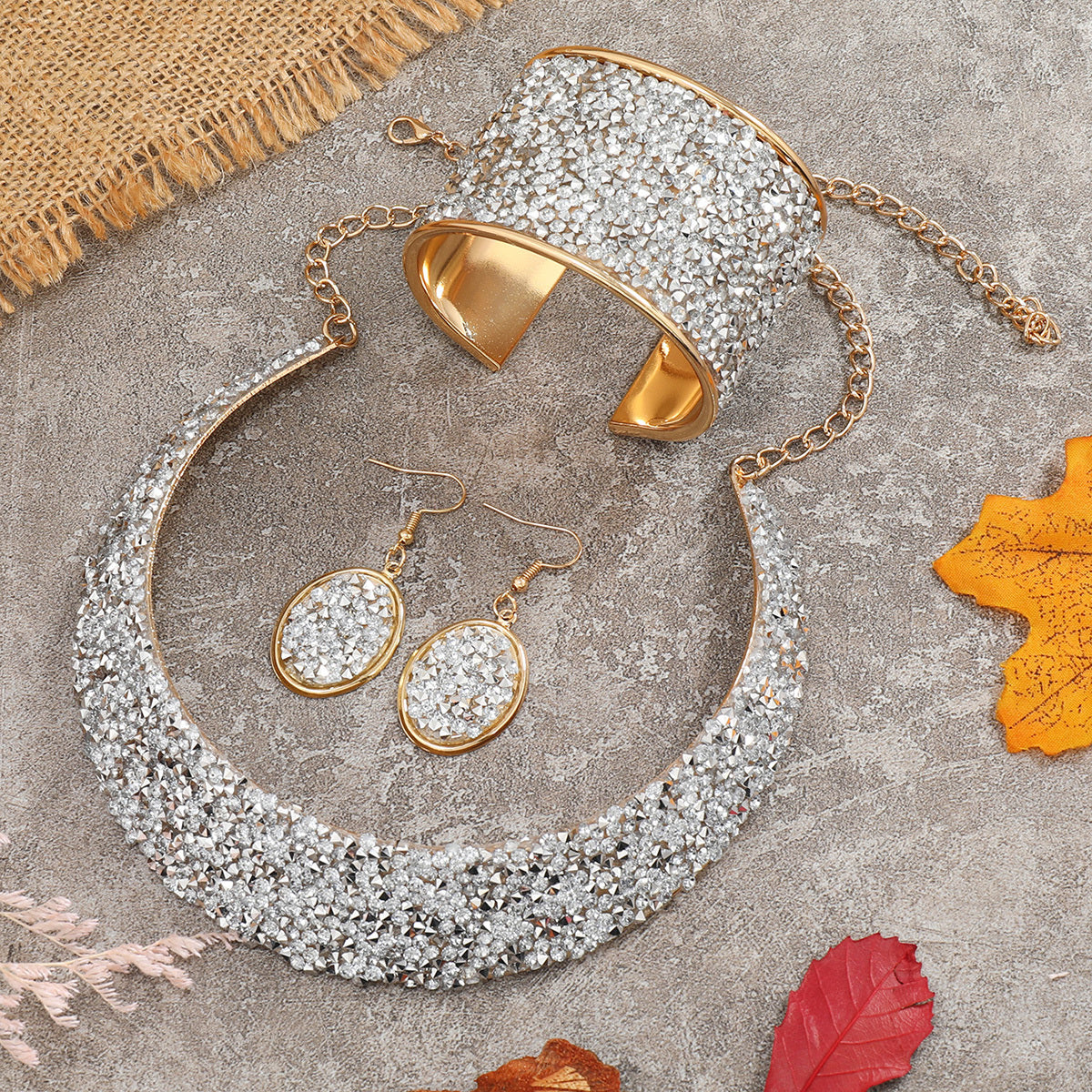 22K Plated Jewelry Set: Choker Necklace, Earrings, Bangle with Rhinestone