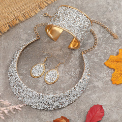 22K Plated Jewelry Set: Choker Necklace, Earrings, Bangle with Rhinestone