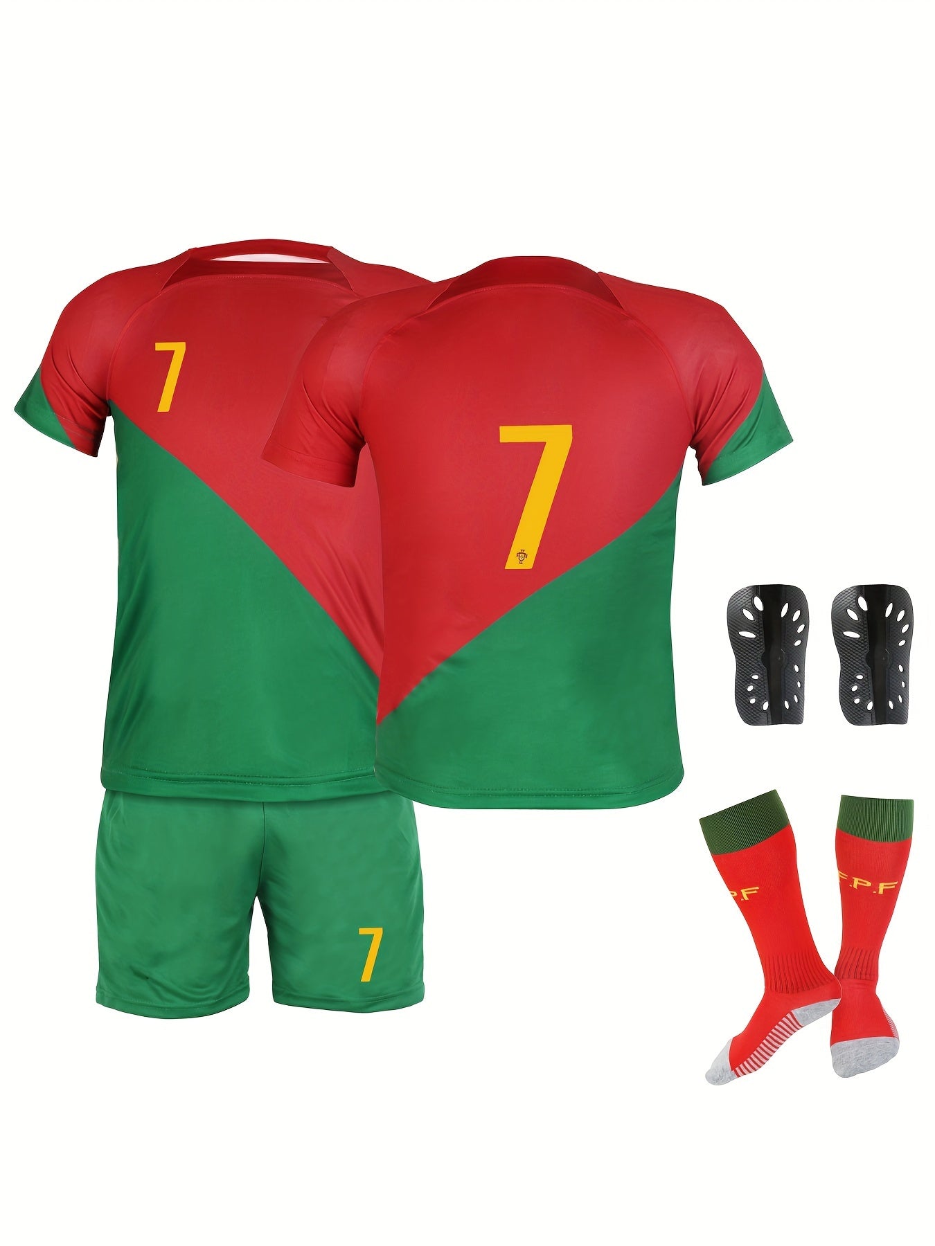 Kids Soccer Jersey No 7 Set with Shorts, Socks, Knee Pads