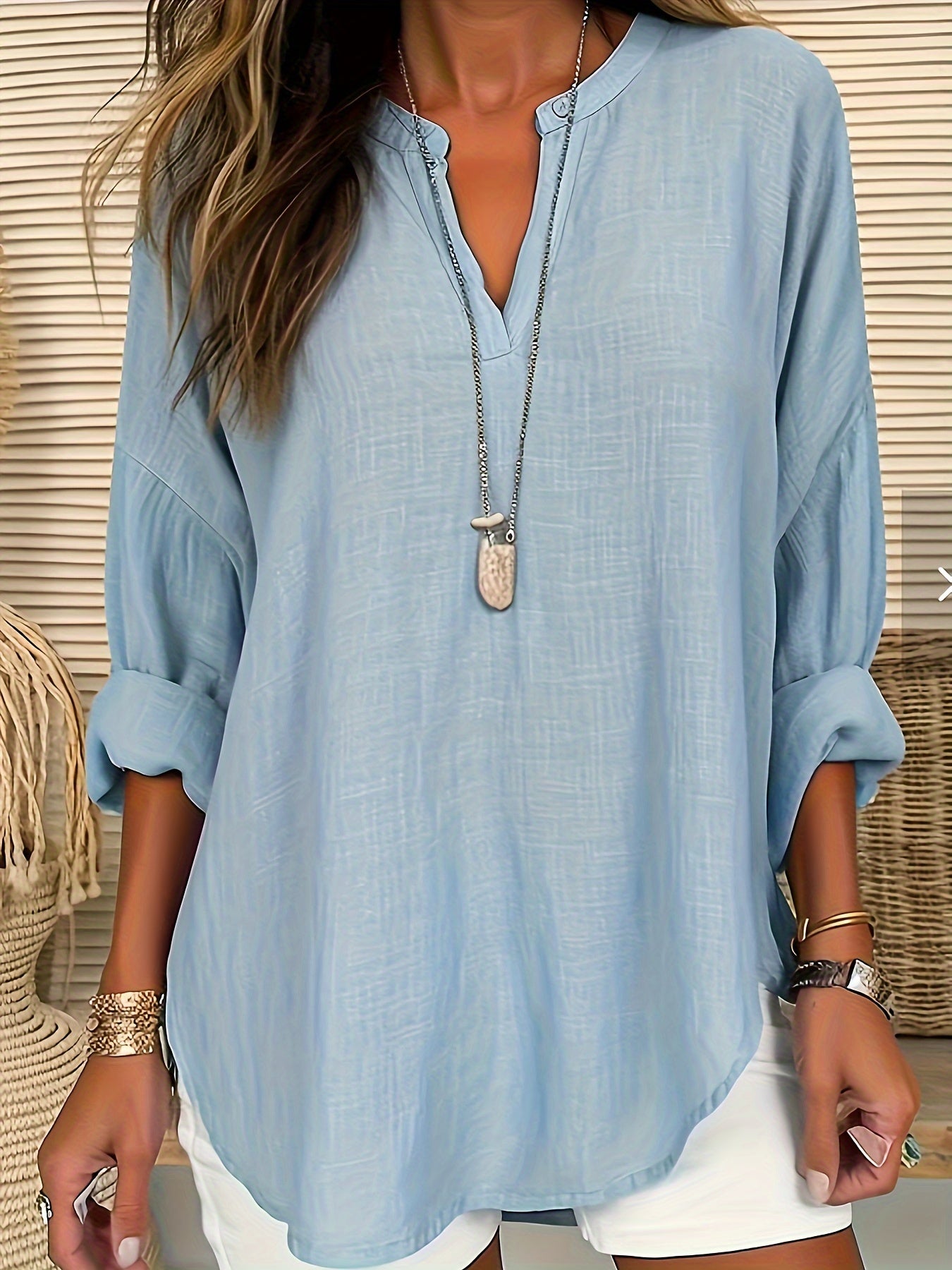  Solid Button Up Mock Neck Blouse Loose Fit Top