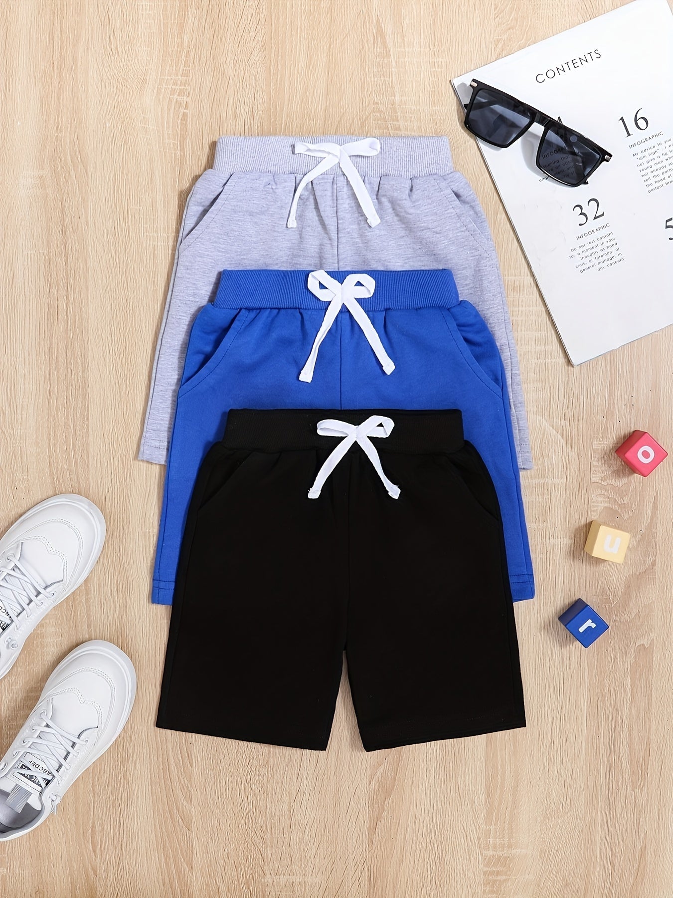 Boy's 3Pcs Solid Shorts For Sports running Summer Drawstring Shorts