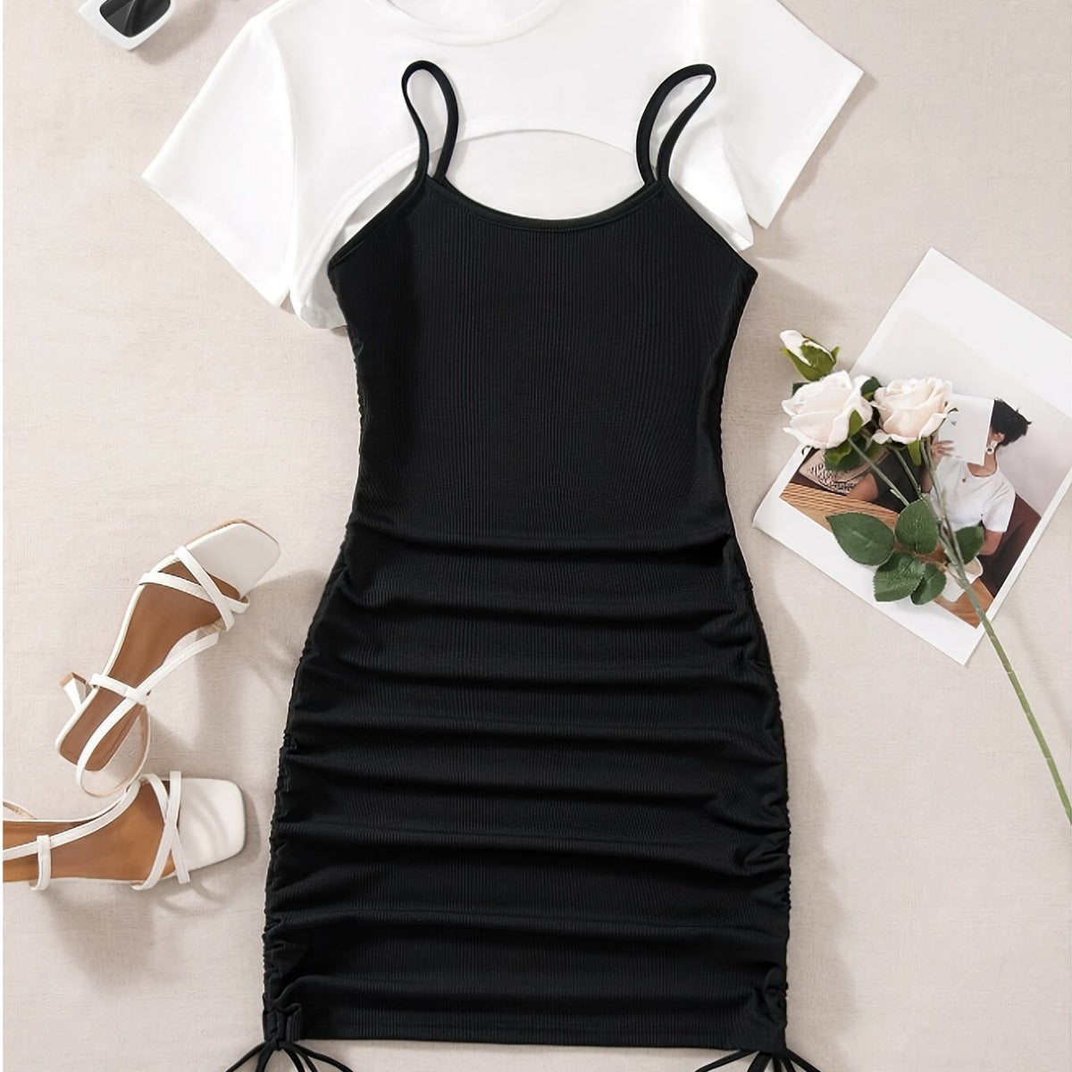 Two piece Dress Set Short Sleeve Crop Top & Drawstring Ruched Cami Dress