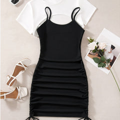 Two piece Dress Set Short Sleeve Crop Top & Drawstring Ruched Cami Dress