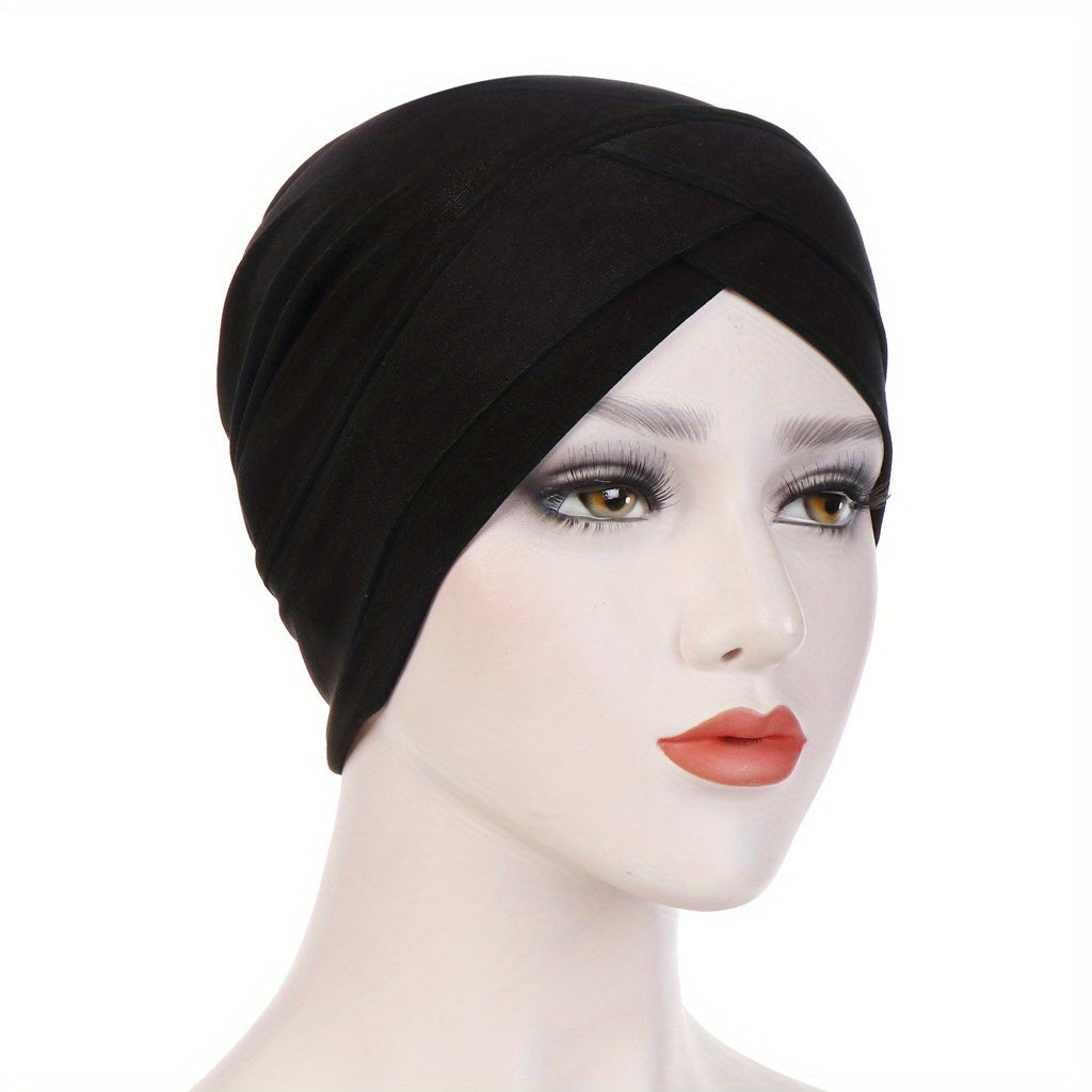 Crossed Turban Hat Women Solid Hijab Hat Casual Elastic Head Wrap