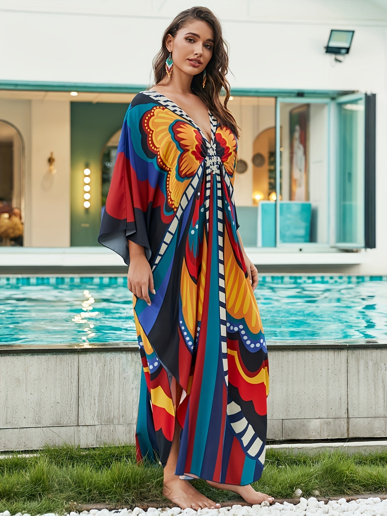  Boho Dress Women's Plus Allover Print Batwing Sleeve V Neck Side Split