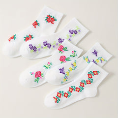 5 Pairs Floral Print Socks Mid Tube Women's Stockings
