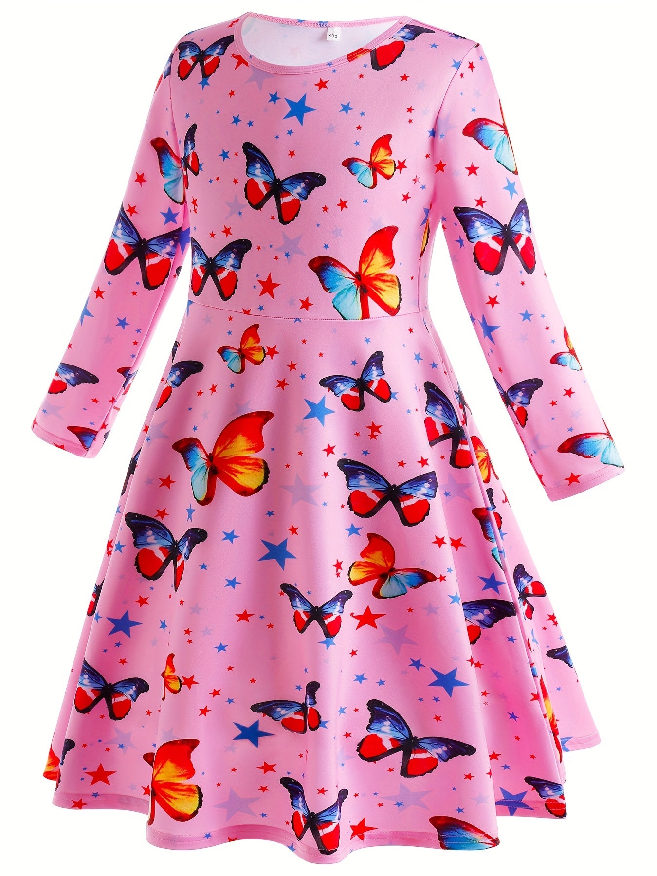 Butterfly Graphic Crew Neck Long Sleeve Dress Girls