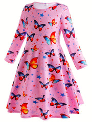 Butterfly Graphic Crew Neck Long Sleeve Dress Girls