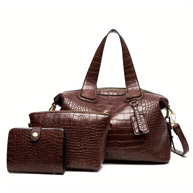 3Pcs Crocodile Embossed Bag Set Handbag With Crossbody Bag & Card Holder