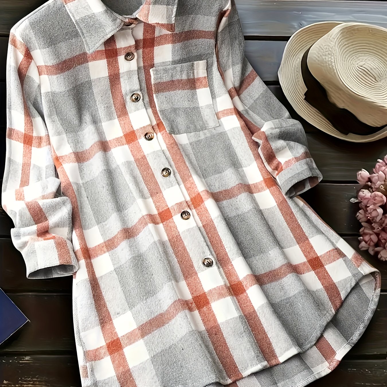  Plaid Print Button Up Long Sleeve Casual Blouse