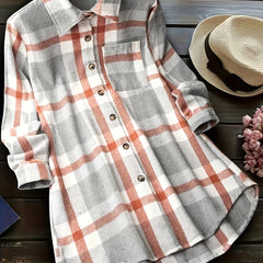  Plaid Print Button Up Long Sleeve Casual Blouse