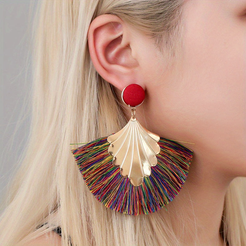 Fan Shape Tassel Retro Boho Dangle Earrings Alloy 18K Plated
