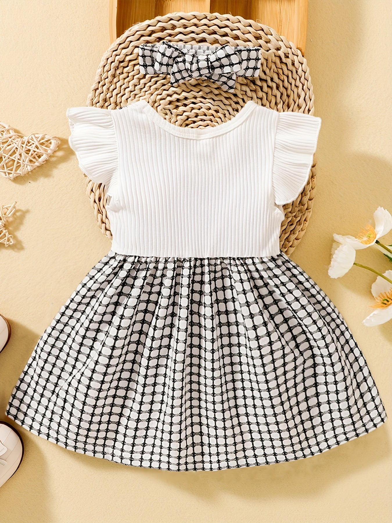 2pcs Baby Girls Splicing Suspender Dress Bow Plaid Dress Set