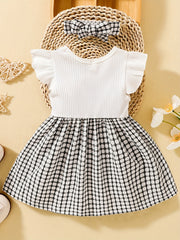 2pcs Baby Girls Splicing Suspender Dress Bow Plaid Dress Set