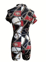Graphic Print Slim Fit Zipper Rompers