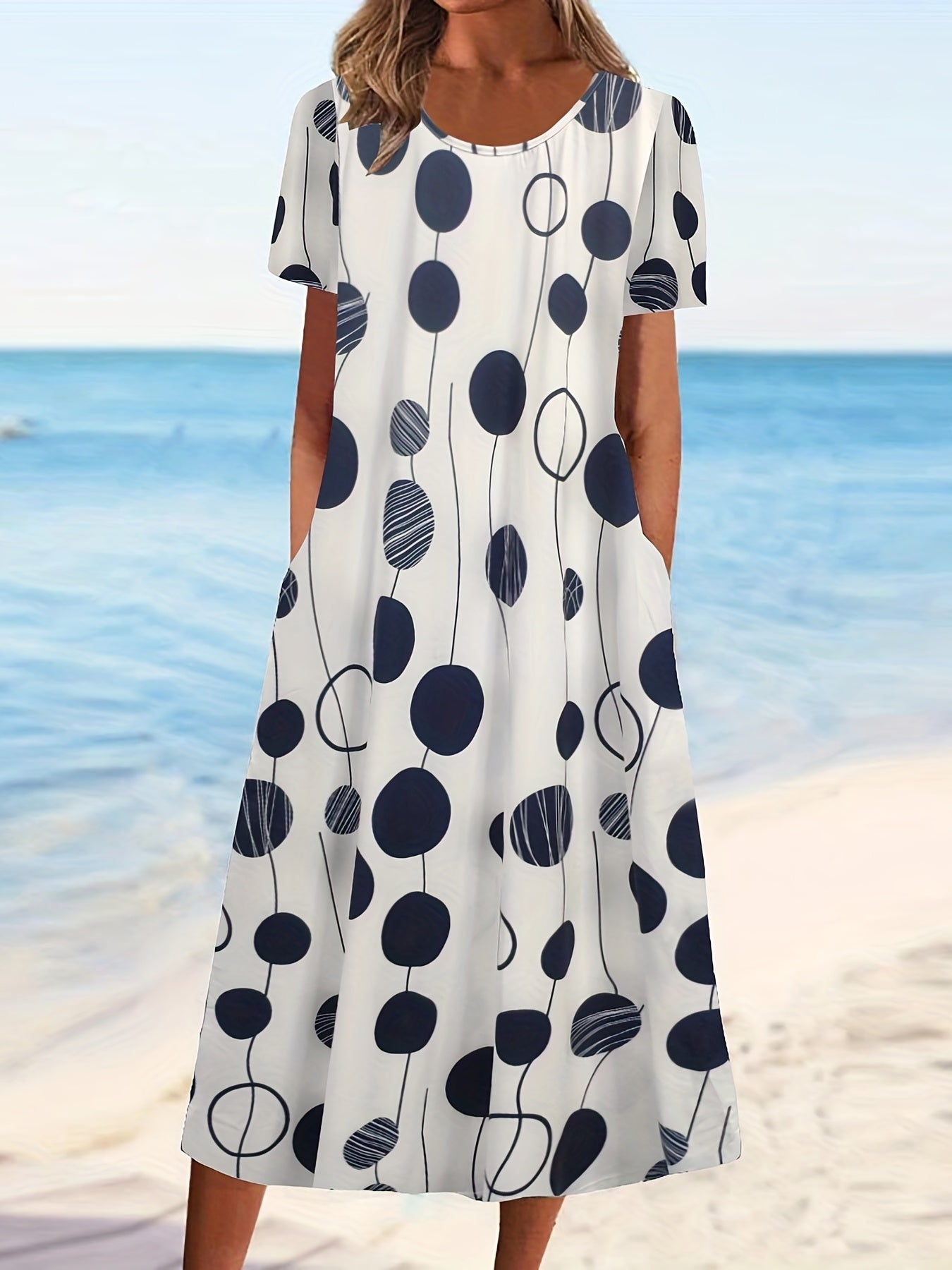 Dot Print Short Sleeve Dress With Pockets