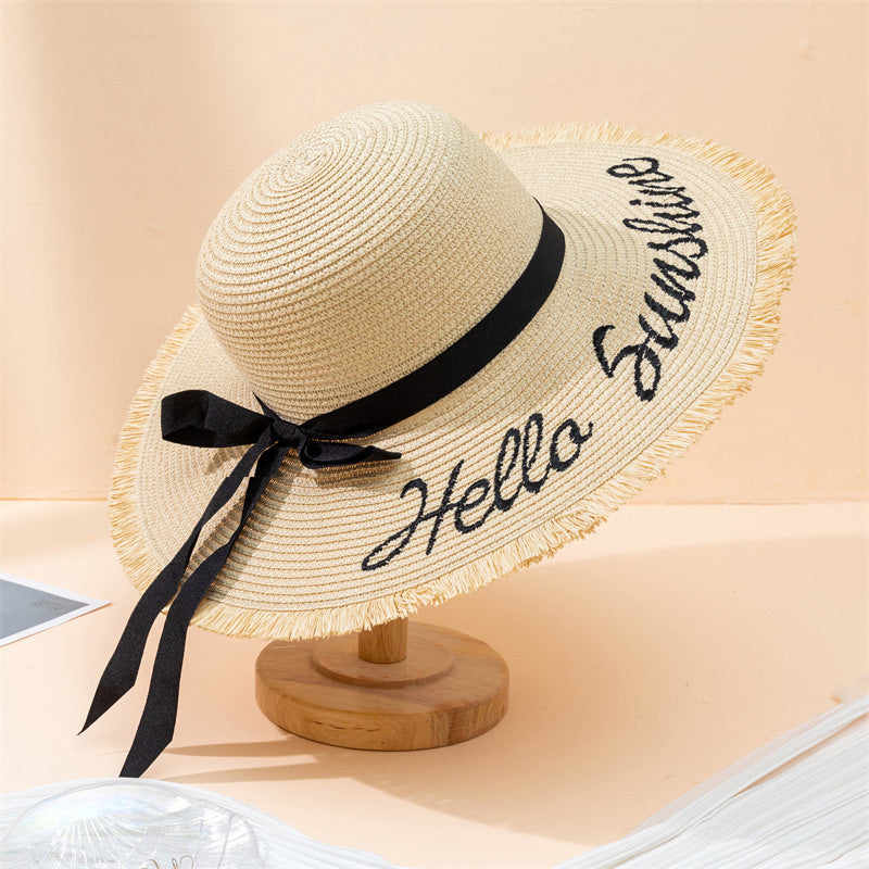 Large Sun Hat Hello Sunshine Embroidery Straw Hats Breathable Travel Beach Cap