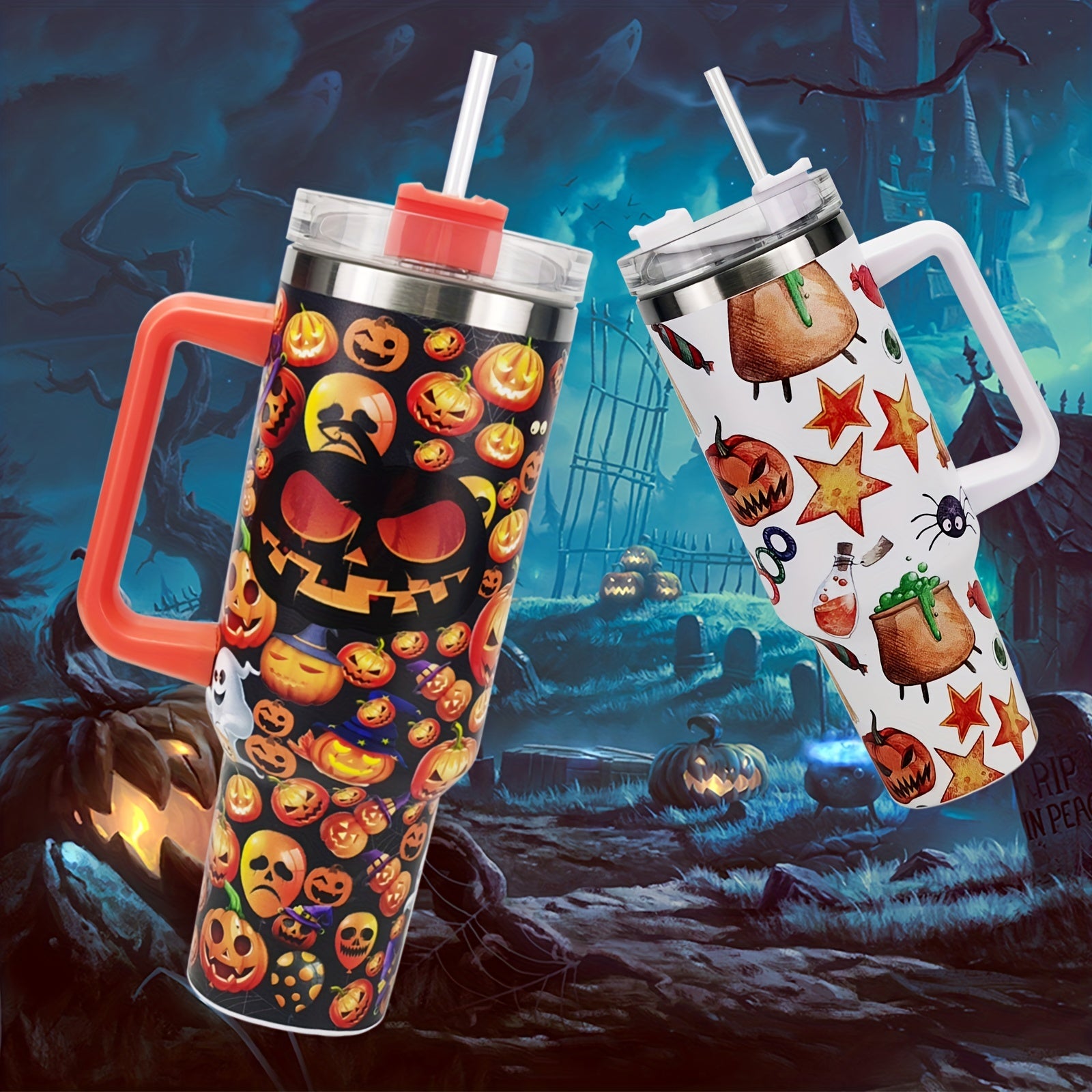 Halloween Pumpkin Print Tumbler 40oz Car Cup with Straw & Handle